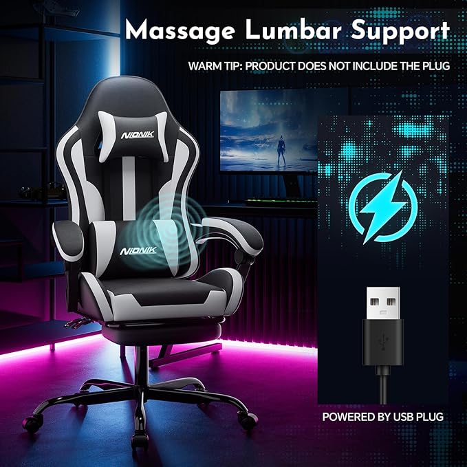 Gaming Chair Ergonomic Computer Chair with Footrest and Lumbar Support Height Adjustable Game Chair with 360°-Swivel Seat and Headrest and for Office or Gaming Blackwhite