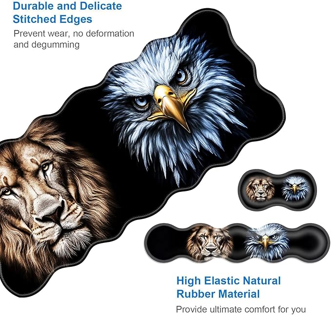Large Gaming Mouse Pad Keyboard Wrist Rest Pad &amp Wrist Support Mousepad Set Stitched Edge Extended Non-Slip Base Memory Foam Desk Mat for Office HomeLion and Eagle Face Art