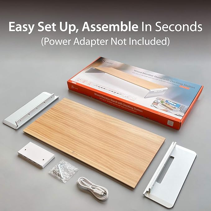 j5create Wooden Monitor Stand with USB Type C/HDMI Docking Station - USB 3.1 C to C Cable Included - Handmade Wood Panel with Aluminum Riser for Computer Screens Laptops TV