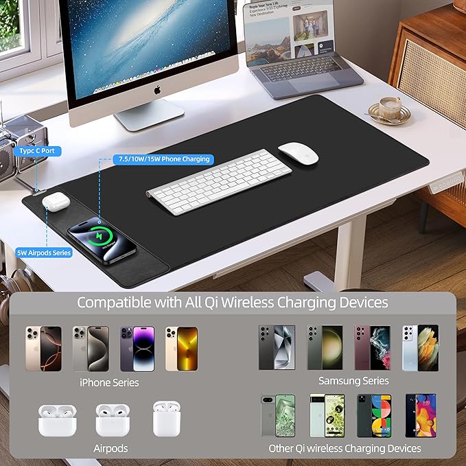 Mouse Pad with Wireless Charging Gaming Mouse Pad with Ultra-Smooth Surface Large XXL Desk Mat Non-Slip Mouse Mat Waterproof Computer Keyboard Pad for Gaming Desk Office PC 900x400x4MM Black