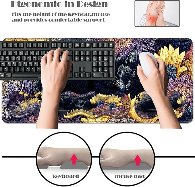 Ergonomic Keyboard Wrist Rest &amp Mouse Pad Wrist Rest SetXL Gaming Desk Mat 31.5x 11.8Non-Slip BaseMemory FoamEasy Typing Pain Relief for Office &amp HomeBlack Cat with Sunflowers