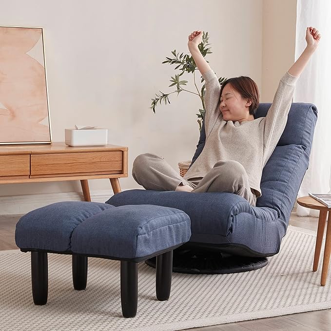 Yoglad Japanese Style Chaise Lounge Sofa Chair Floor Gaming Chair Lazy Sofa for Reading Game Meditating 3 Adjustable Positions with Comfortable BackrestNavy Blue (Navy Blue+Ottoman)