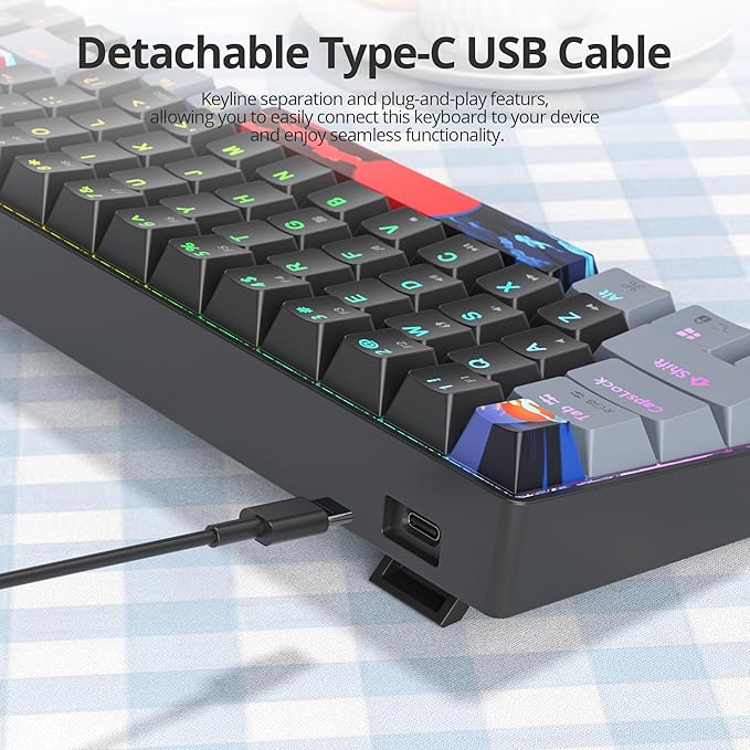 Black and Grey Mechanical Gaming Keyboard 65% 68 Keys Small Wired RGB Keyboard with PBT Keycaps Anti-Ghosting for Game/Office