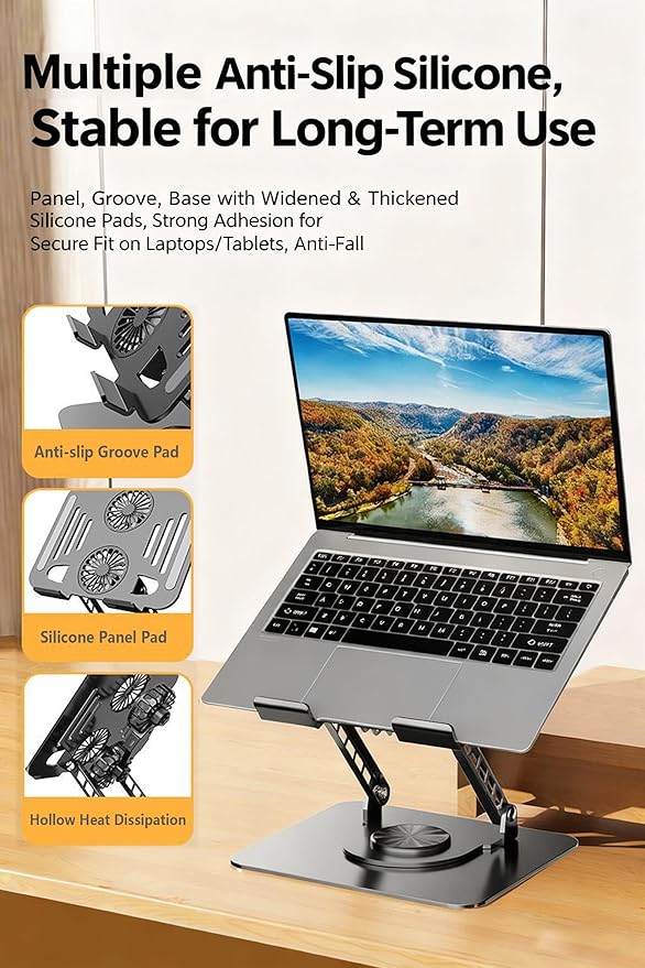 Selbst Laptop Stand for Desk with Quiet Cooling Fans - 360 Rotating Base Ergonomic Computer Stand Aluminum Laptop Riser Foldable Protable for Office Home fits MacBook Air Pro Dell HP (10-17.3'')