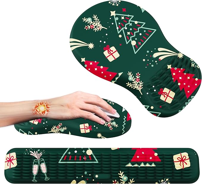 MEKASS Christmas Mouse Pad Ergonomic Mouse Pad and Keyboard Wrist Rest Set Memory Foam Desk Wrist Support for Computer Keyboard Non-Slip Wrist Rest for Typing Gaming Office (Green Christmas Tree)