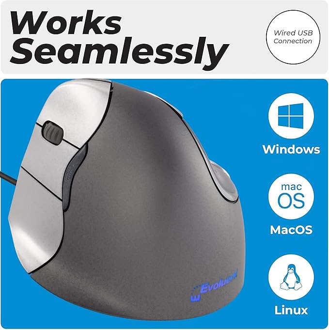 Evoluent – Inventor of The Vertical Mouse – VM4L Ergonomic Vertical Mouse Left Hand Wired USB Sculpted for Comfort Reduces Wrist Strain 4 Speeds 6 Customizable Buttons in Windows