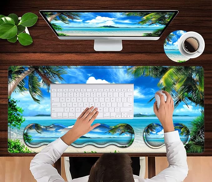 Large Mouse Pad Desk Mat Keyboard Pad+ Ergonomic Keyboard Wrist Rest Set Big Extended Laptop Protector Writing Mat for Desktop Home Office Coconut Trees on Sands Beach Seascape Gaming Mouse Pad