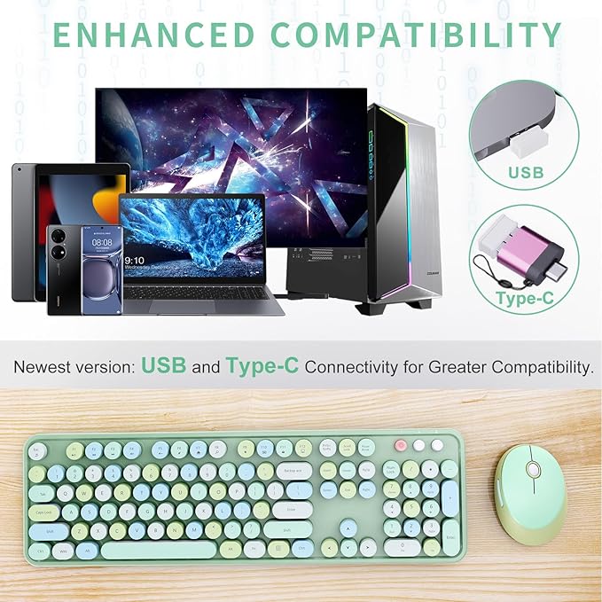 Wireless Keyboard and Mouse Combo Ergonomic Full Size Typewriter Retro Round Keycaps Keyboard Compatible with Windows PC Perfer for Home and Office Keyboards (Green