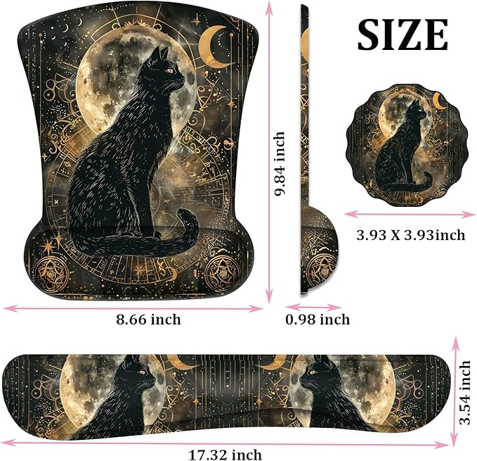 Mouse Wrist Rest and Keyboard Wrist Rest Pad+ Coaster Set Non-Slip Rubber Base Smooth Surface Ergonomic Gaming Mouse Pad for Easy Typing and Pain Relief Divination Black Cat
