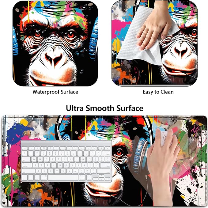 Large Gaming Mouse Pad+ Keyboard Wrist Rest Set Ergonomics Memory Foam Mouse Mat Wrist Rest Support Waterproof Extended Mousepad 31.5x11.8in Gorilla Painted Headphones Desk Pad