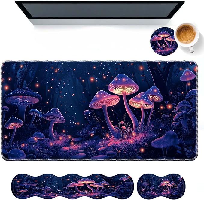 Keyboard Mouse Pad SetLarge Desk Pad+Keyboard Wrist Rest+Mouse Wrist Support+CoasterEasy Typing Pain Relief Non-Slip Wrist Support Mousepad Set Home OfficeGlowing Mushrooms