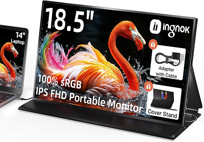 Ingnok Portable Monitor 18.5 Inch FHD 1080P 100% sRGB Laptop Screen Extender USB C HDMI Portable Gaming Monitor w/Smart Cover &amp Speakers External Monitor for Laptop Mac PC