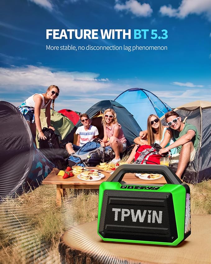 Bluetooth Speaker - 80W Loud Rugged Outdoor Speakers IPX6 Waterproof 20H Playtime Deep Bass Lightshow TWS BT 5.3 Wireless Portable for Travel Hiking Camping Beach Pool - Green