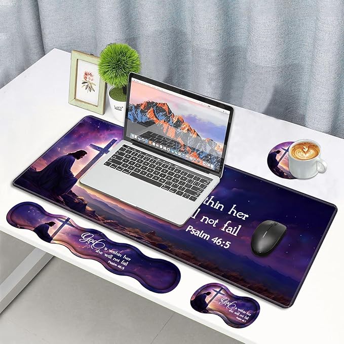 Ergonomic Memory Foam Mouse Pad Wrist Rest Set Large Gaming Desk Pad + Keyboard Wrist Rest + Mouse Wrist Cushion + Coaster for Home Office Study Gaming Christian Cross Quote Bible Verse Psalm 46:5