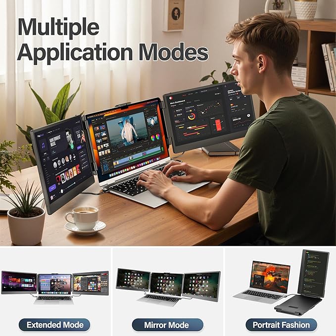 Laptop Screen Extender 14'' FHD 1080P IPS Ultra-Thin Dual/Triple Monitor Display HDMI/USB-C Plug-Play Portable Monitor for Laptop Built-in Speakers(Mac Win Android)