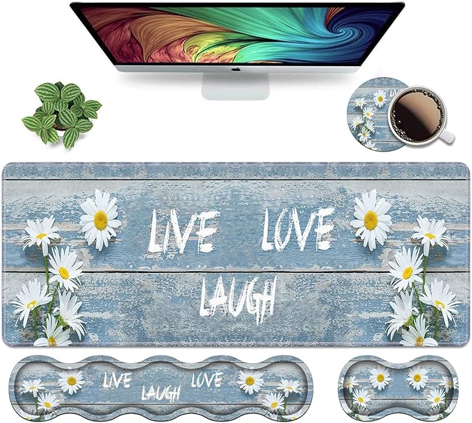 Ergonomic Keyboard Wrist Rest and Mouse Pad Wrist Rest SetDreamy Daisy Vintage Wood Board Live Laugh Love Large XXL Gaming Desk Mat 31.5x 11.8Non-Slip Base Memory FoamEasy Typing Pain Relief