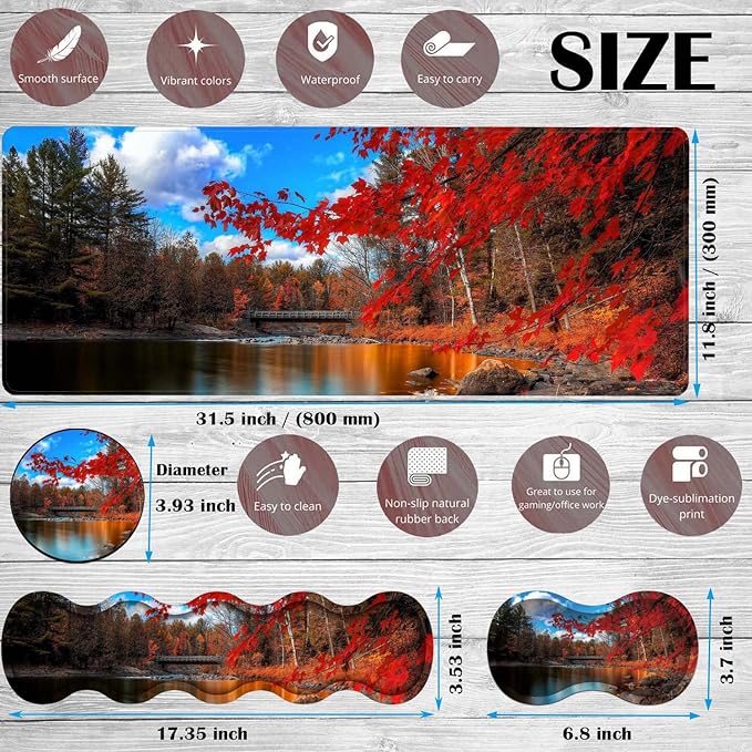 Gaming Mouse Pad Set Large Gaming Mouse Pad+Keyboard Wrist Rest+Mouse Wrist Rest+Coaster Easy Typing Pain Relief 31.5 × 11.8 inch Desk Mat for Home Office Red Maple Lake