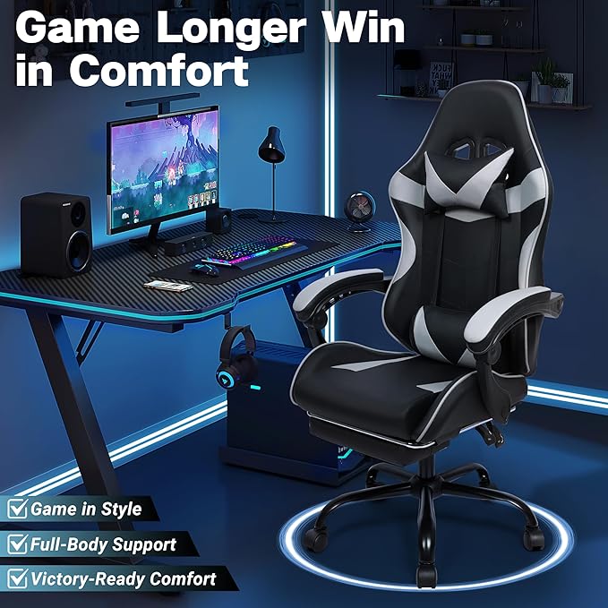 FAB&ampDeluxe Gaming Chair Ergonomic Computer Office Chair with Footrest and Lumbar Support Height Adjustable Desk Chair with 360° Swivel Seat and Headrest Grey &amp Black