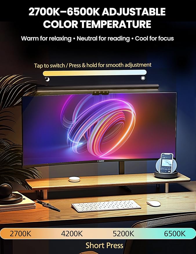 Monitor Light Bar 19.7” No-Glare Asymmetric Screen Lamp Auto-Dimming CRI Ra97 2700K–6500K &amp Stepless Dimming Touch Control Includes 5V/2A Adapter Fits 0.2–1.1” Monitors (Not for Laptops)