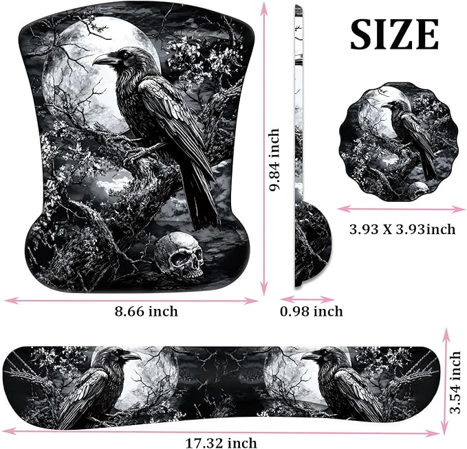 Mouse Wrist Rest and Keyboard Wrist Rest Pad+ Coaster Set Non-Slip Rubber Base Smooth Surface Ergonomic Gaming Mouse Pad for Easy Typing and Pain Relief Crow Skull