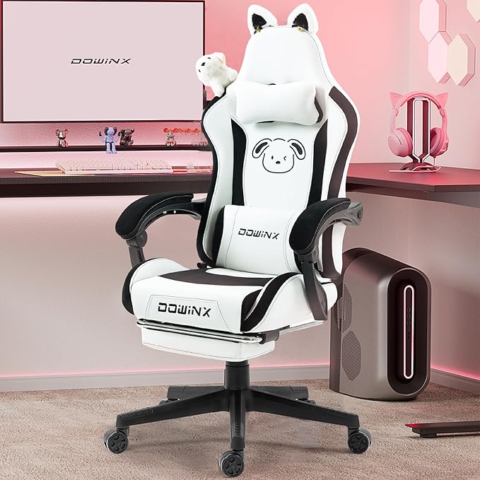 Dowinx Gaming Chair Cute with Plush Doggy and Massage Lumbar Support Ergonomic Computer Chair for Girl with Footrest and Headrest Comfortable Game Chair 290lbs for Adult Teen Black and White