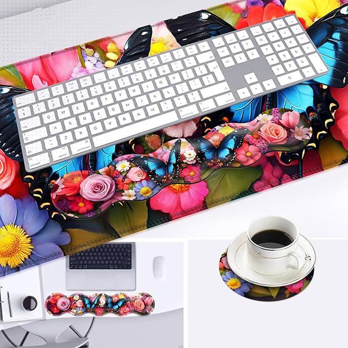 Large Mouse Pad and Keyboard Wrist Rest Desk Pad for Keyboard and Mouse 4-in-1 Large Gaming Mouse Pad with Wrist Support Desk Mat for Home Office Study GameColorful Butterfly and Flower