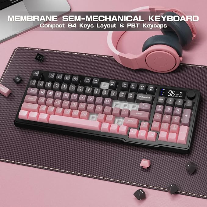 LexonElec M96 Wireless Keyboard Low Profile Quiet Typing Membrane Gaming Keyboard with Smart Display &amp Knob RGB Backlit USB C Rechargeable 94 Keys PBT Keycap for Windows PC Mac Linux-BlackBe