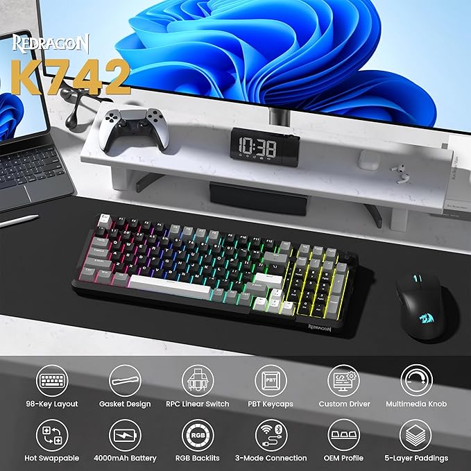 Redragon K742 Wireless Mechanical Gaming Keyboard with Knob Bluetooth 5.0/2.4GHz/USB C Wired Creamy Keyboard with Number Pad for PC Computer RGB Backlits Hot-Swappable with Linear Switches (Black)