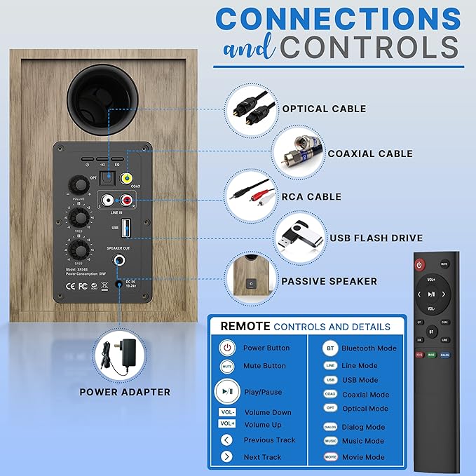 PyleUsa Powered Bookshelf Speaker Monitors HiFi Studio Monitor Computer Desk Stereo Speaker System Opt/Coax/RCA/USB/AUX Out Connection VOL/TREB/BASS Control Studio Sound Wood - PBKSRB40