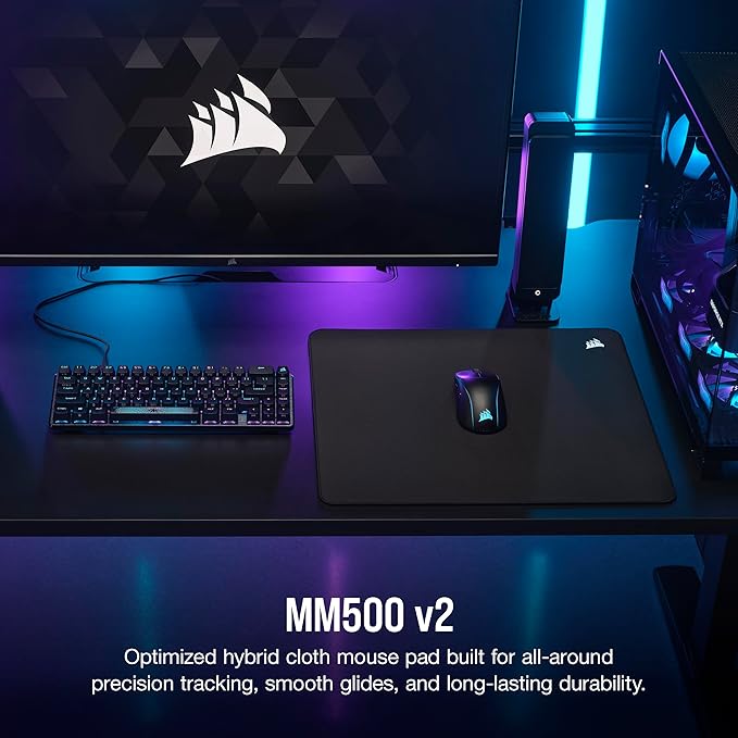 Corsair MM500 v2 Hybrid Cloth Gaming Large Mouse Pad – 45cm x 40cm – Spill-Proof Coating – Anti-Fray Stitched Edges – Non-Slip Rubber Base – Black