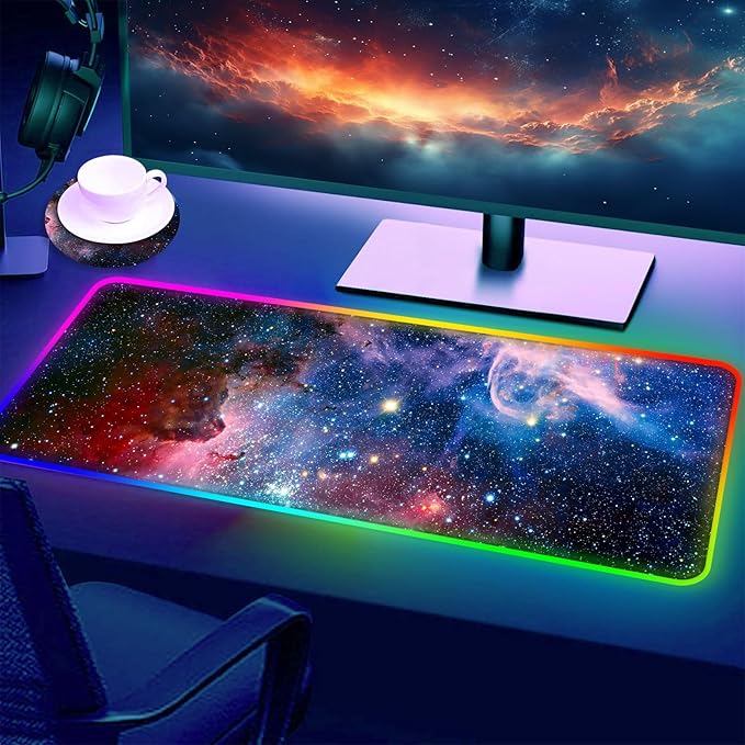 Large RGB Gaming Mouse PadGalaxy Nebula Space Oversized Glowing Led Extended Mousepad10 Lighting ModesNon-Slip Rubber Base Computer Keyboard Mousepads Mat31.5 x 11.8 inch