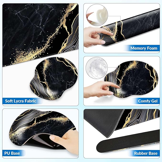 Desk Mat Set + Keyboard and Mouse Pad with Wrist Rest Support4-in-1 Large Mousepad Computer Mats for Desktop Home &amp Office-Marble 3