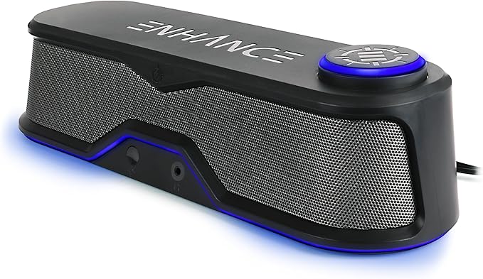 ENHANCE SB1 Computer Speakers High Excursion Soundbar - USB Powered Computer Sound Bar Under Monitor Speaker with 10W Peak LED Volume Control Knob Headset Pass Through Gaming Soundbar for PC