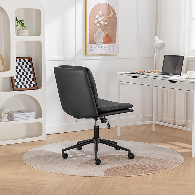 Adjustable Swivel Criss Cross Chair with Wheels Wide Seat Office Chair with PU Leather Computer Desk Chair with Ergonomic Support Modern Vanity Chair for Home &amp WorkspaceBlack
