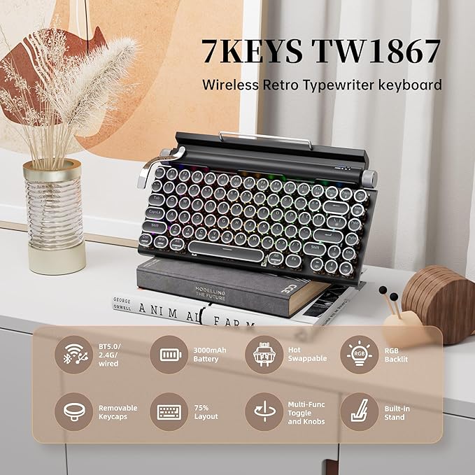 7KEYS Typewriter Keyboard Wireless Retro Style Vintage Classical Mechanical Keyboard with Bluetooth for IPAD PC/Laptop Mac/Phone (Black+Wrist)