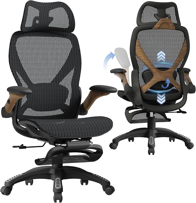 ELABEST X100 Ergonomic Office Chair with Footrest Big and Tall Home Desk Chair with 5D Flip-Up Arms Adjustable 3D Lumbar SupportHigh Back Rolling Computer Chair Swivel Mesh Chairs (Library Oak)