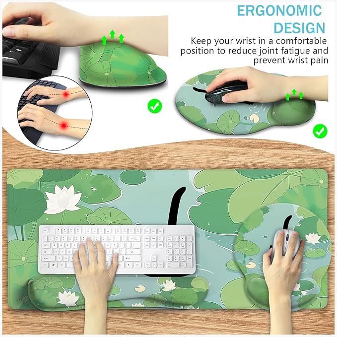 Blusabaca Mouse Pad Desk Pad Cat Lotus Leaf Desk Mat Large Gaming Mouse Pad with Wrist Rest Cute Keyboard Pad Wrist Rest Ergonomic Cup Coaster Work Home Accessories Office Supplies Decor