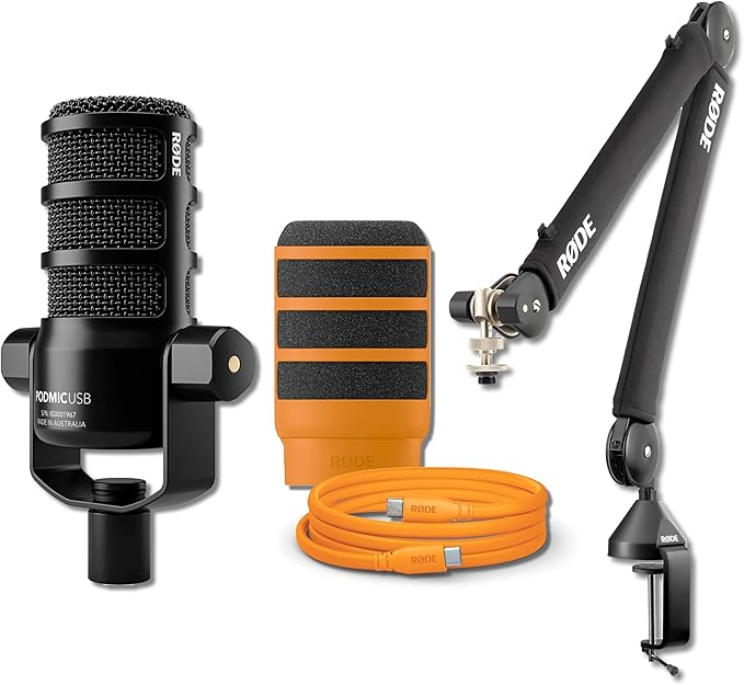 Rode PodMic USB Dynamic Broadcast Microphone with Rode PSA1+ Broadcast Microphone Boom Arm XLR Cable Orange SC27 USB-C to USB-C Cable and Orange WS14 Pop Filter