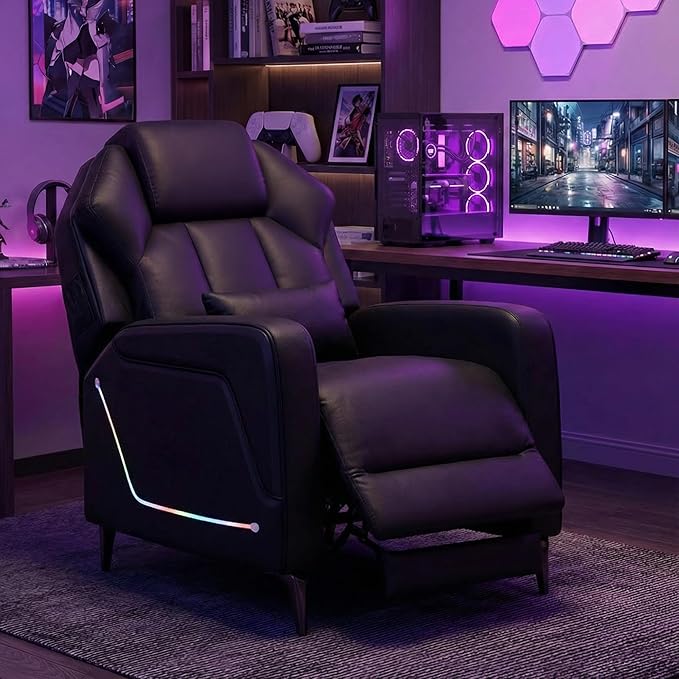 URRED Gaming Recliner Chair with LED Lights Ergonomic Video Game Reclining Chair with Footrest Lumbar Pillow Side Pocket Home Theater Recliner for Living Room Bedroom Gaming Room (Black)