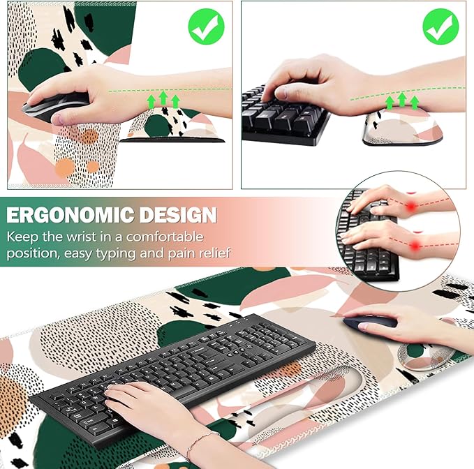 ARTSO Gaming Mouse Pad Wrist Support Set XXL Large Desk Mat Mousepad + Keyboard Wrist Support+ Mouse Wrist Rest+Coaster 4in1 Ergonomic Memory Foam Stitched Edge for Home Office -Abstract Point