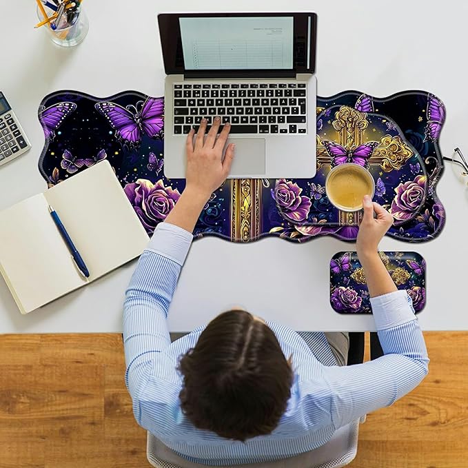 3-Piece Ergonomic Desk Mat &amp Cloud Wrist Rest Set Large 31.5 x 11.8 Wave Office Desk Pad with Memory Foam Support Non-Slip Computer Protector for Home Gaming Purple Butterfly Cross