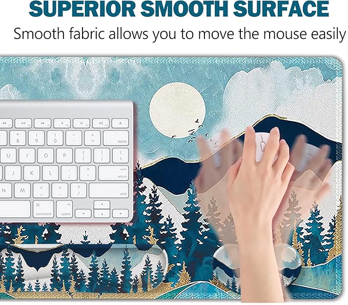 ARTSO Large Gaming Mouse Pad Set Keyboard Wrist Rest Support + Mouse Wrist Cushion + Extended Mousepad + Coaster 35x15.5in Multifunctional Desk Mat Abstract Mountain