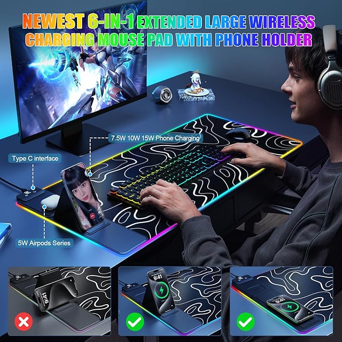 Mouse Pad with Foldable Phone Holder Wireless Charging Desk Mat RGB Gaming Mousepad Large Desk Pad with Non-Slip Base Waterproof Keyboard Pad Classic Black (XXL Stand Topographic)