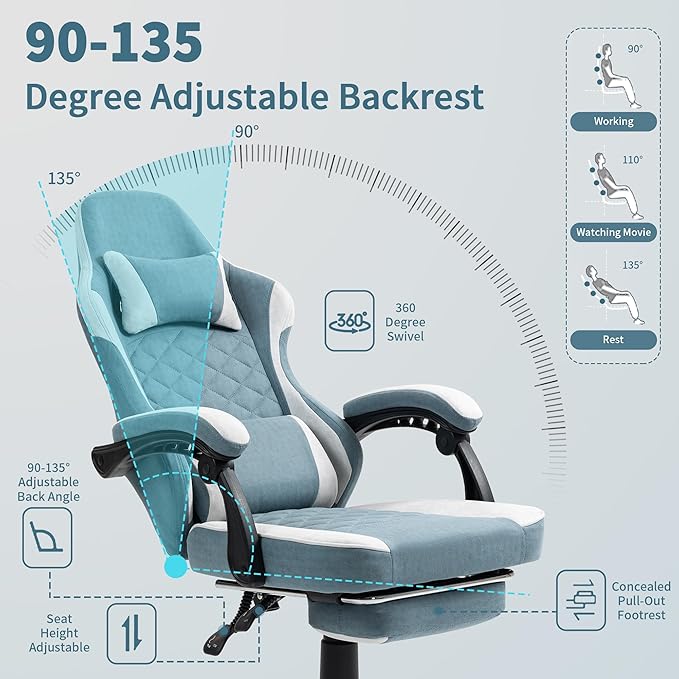Gaming Chair with Footrest for Adults - Ergonomic Gaming Chairs with Foot Rest - Big and Tall Computer Game Chair - Fabric Reclining Video Game Chairs with Spring Cushion - Blue/Light Grey