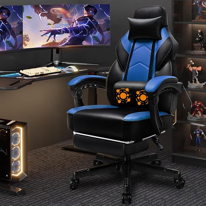 Shintenchi Gaming ChairVideo Game Chair with footrest and Massage Lumbar SupportHeight Adjustable Game Chair with 360°Swivel Seat Ergonomic Computer Chair with Headrest for Office or Gaming(Blue)