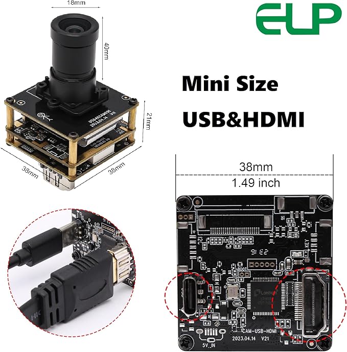 ELP 4K USB HDMI Camera Module Night Vision PC Camera for Computer Monitor with Simultaneous 2X Digital Zoom and 8mp Resolution Ideal for Security and Laser Engraver Applications