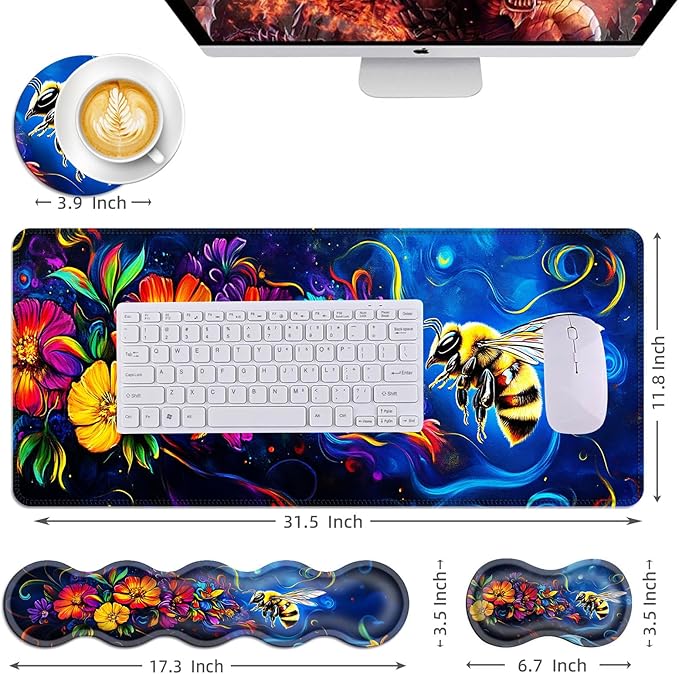 Mouse PadLarge Desk Mat Set 4in1 XL Mousepad + Keyboard Wrist Rest+Mouse Wrist Rest+Coaster with Ergonomic Desk Pad for Home Office Table Computer Cover -Bee and Vibrant Flowers