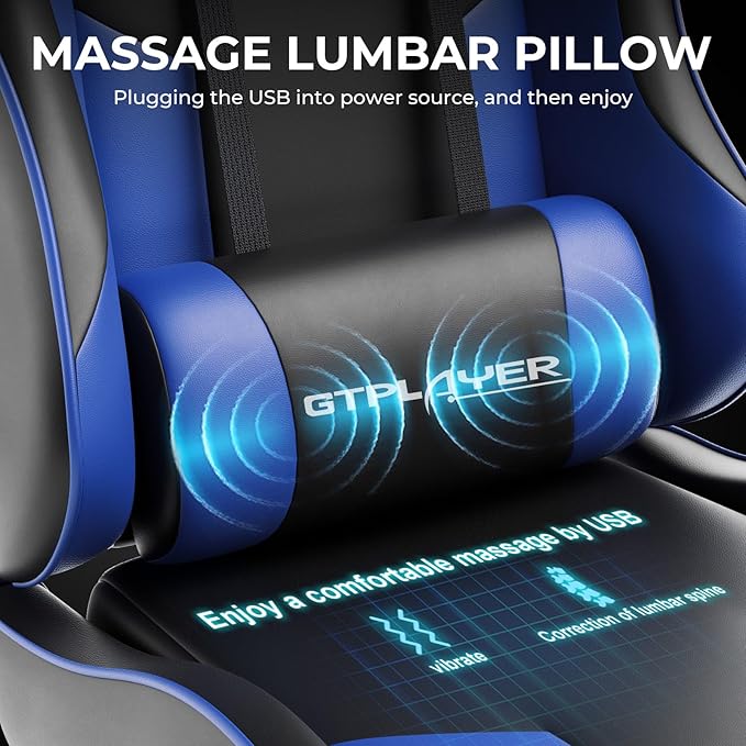 GTPLAYER Gaming Chair Computer Chair with Footrest and Lumbar Support Height Adjustable Game Chair with 360°-Swivel Seat and Headrest and for Office or Gaming (Faux Leather Blue)