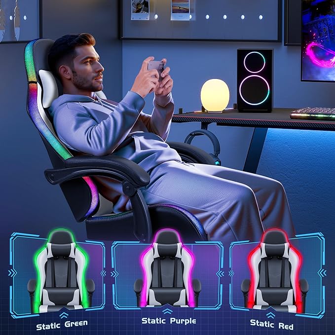 Furmax Gaming Chair with RGB LED Lights Video Game Chair with Footrest and Massage Lumbar Support High Back Reclining Computer Chair with Headrest Swivel Seat Gamer Chair (LED White)