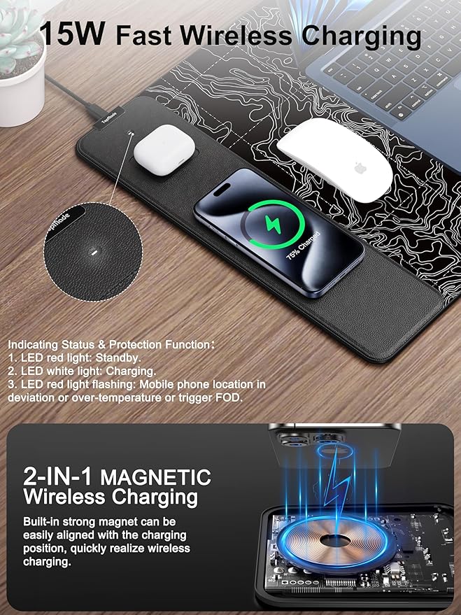 TopMade Mouse Pad with 15W Fast Wireless Charging 31.5x15.75 XXL Large Gaming Waterproof Desk Pad with Ultra-Smooth Surface Non-Slip Base Computer Desk Mat Black Topographic Map #3